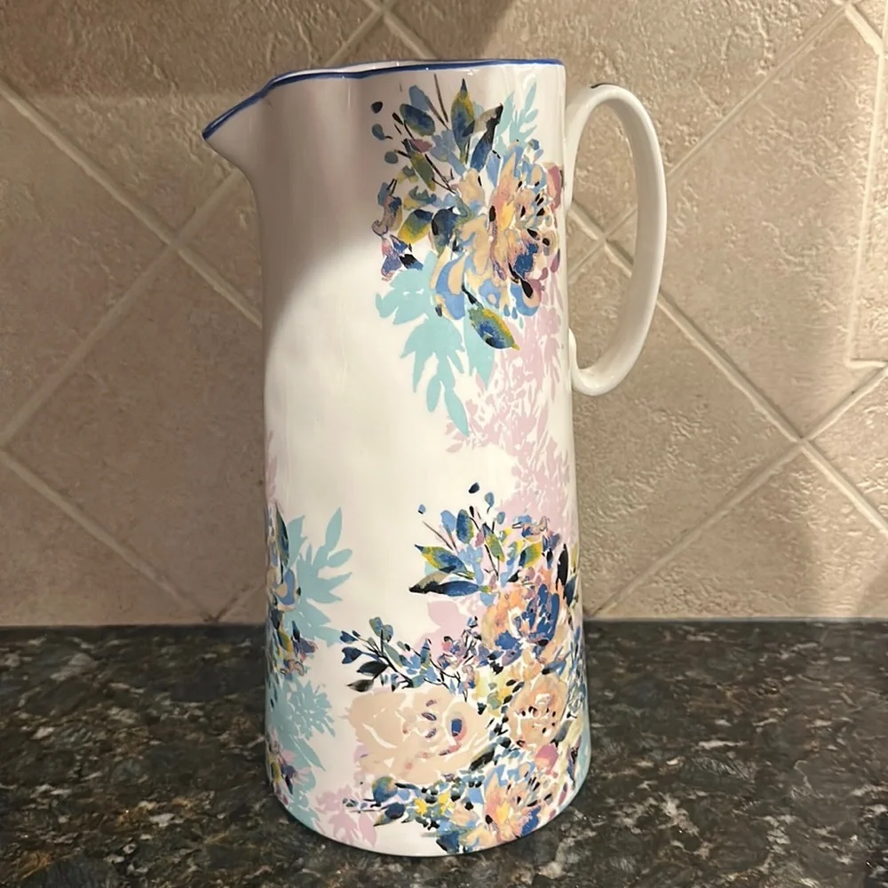 NEW Anthropologie Gardenshire Floral hand painted Ceramic Pitcher Vase